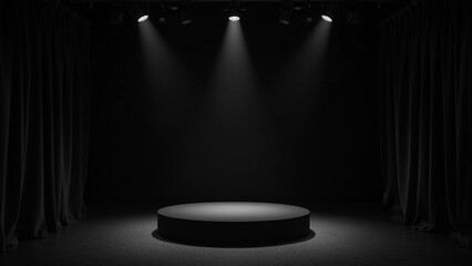 Dark circular podium, dramatic spotlight from above black background moody atmosphere