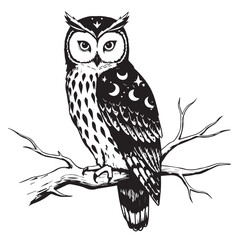 Detailed Owl Illustration on Branch Night, Stars, and Mystical Design Elements, perfect for prints and graphic designs.