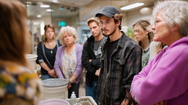 Participants engaged in pottery workshop learning techniques in a creative studio setting during the afternoon