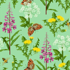 Seamless vector illustration with dandelion, angelica and butterflies on a turquoise background. For decorating textiles, packaging
