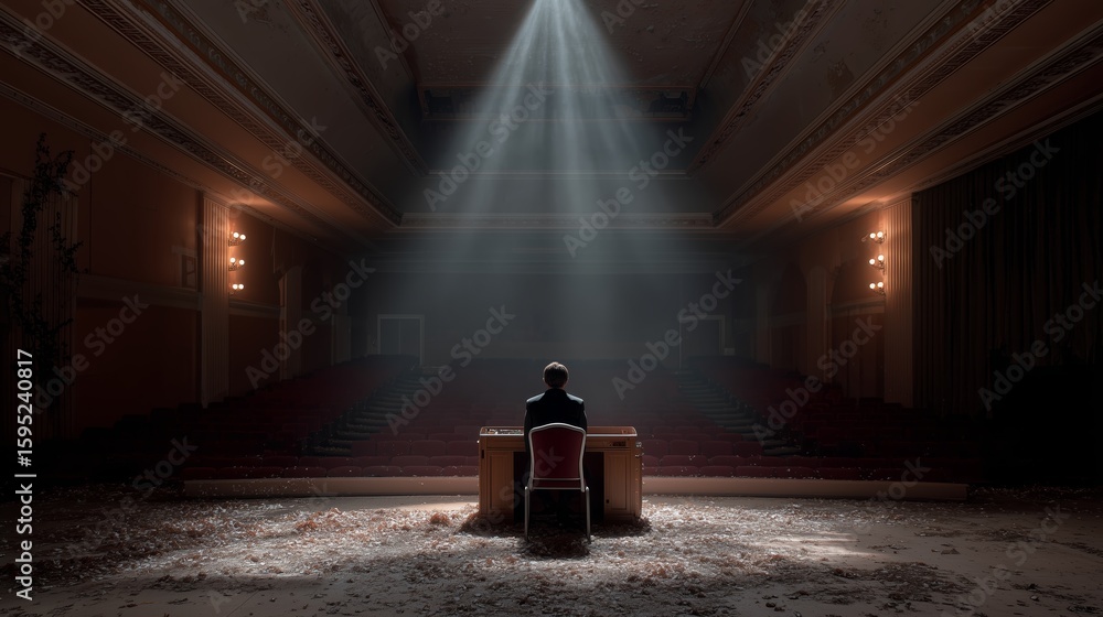 Aufkleber mysterious figure sits at a desk in an empty theater illuminated by a single beam of light