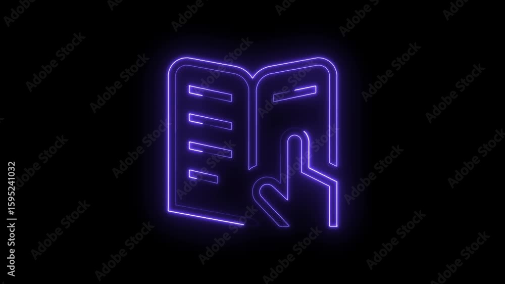 Poster glowing neon open book icon with finger pointing to text on transparent black background futuristic 