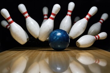 Professional bowler achieving perfect strike with explosive pin action in competitive tournament setting