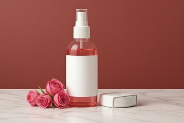 The essence of fresh roses is captured in this elegant facial mist on a marble stage. A premium cosmetic mockup for luxury skincare or floral beauty product lines.