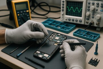 Professional technician using precision tools to repair damaged smartphone screen in modern electronics workshop