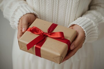 Minimalist holiday celebration concept with red ribbon gift held close by person dressed in cozy white, perfect for commercial use

