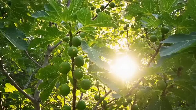 Sunlight filtering through the lush green leaves and unripe figs of a tree branch