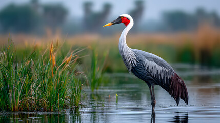 Naklejka premium bird, crane, animal, nature, wildlife, crowned, wild, feather, grey, water, beak, feathers, beautiful, grey crowned crane, heron, crown, birds, fauna, gray, sandhill crane, zoo, head, animals, red, la
