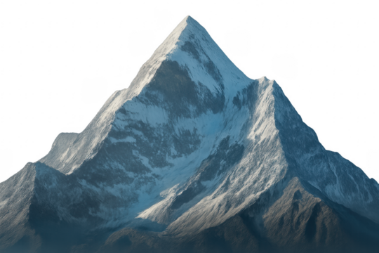 Majestic snow capped mountain peak reaching for the sky with transparent background
