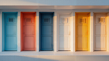 Vibrant Pastel Beach Cabanas at Golden Hour with Long Shadows, Gleaming Metal Handles, and Subtle Salt Spray Texture, Empty Beachside Changing Room, Professional Travel Photography
