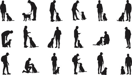 Dog training silhouettes, pet obedience interaction, leash and command techniques, human-animal bond artwork, black vector design, outdoor discipline scene
