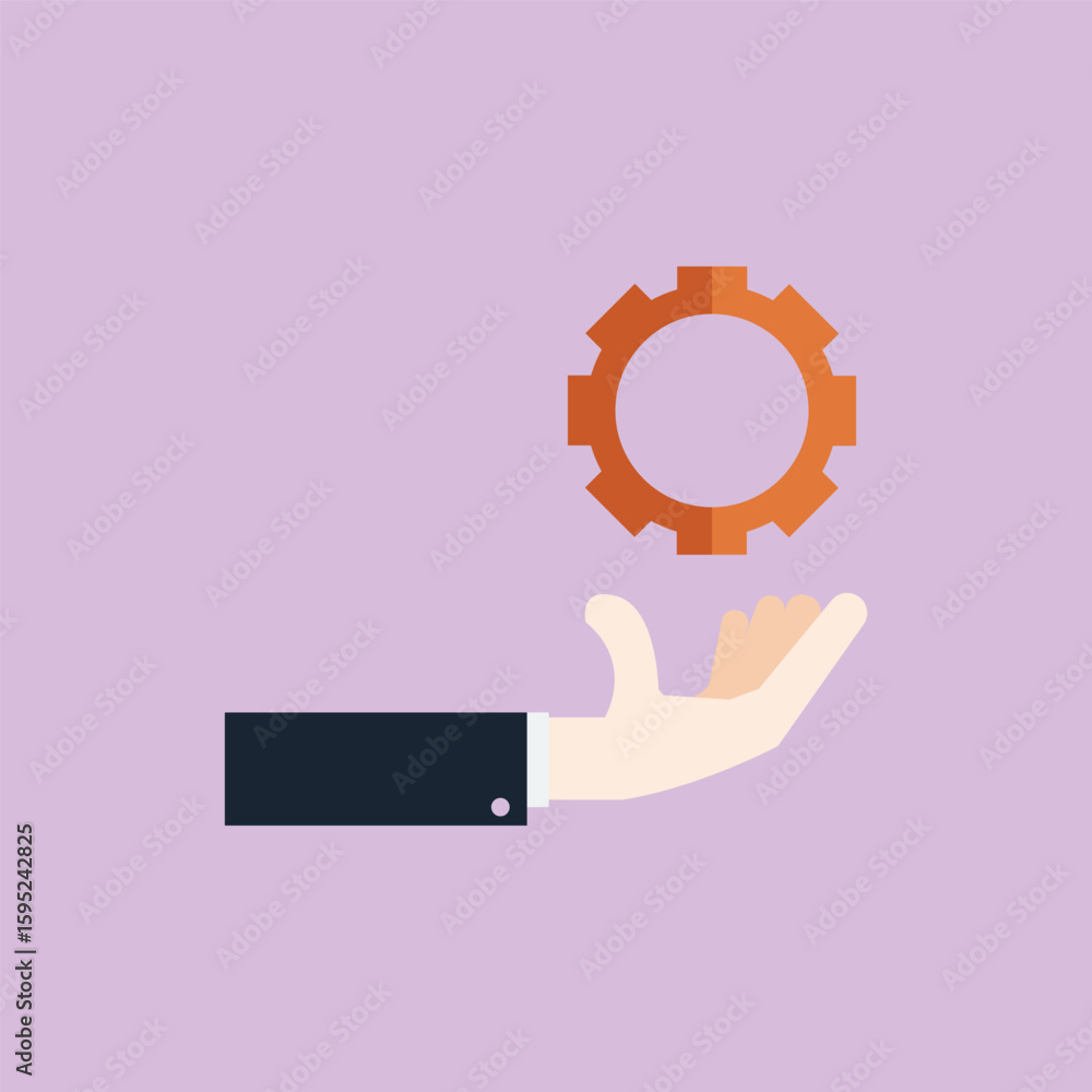 Poster cartoon hand holding big cogwheel. flat simple trend graphic design isolated on background. concept 
