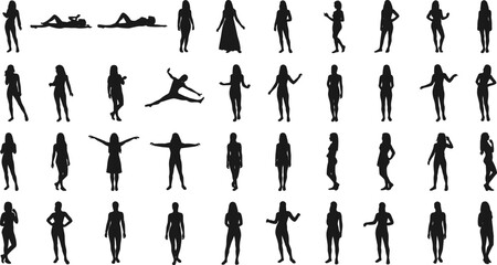 Female silhouette collection in vector style, various dynamic poses, black design artwork for fashion, illustration, modeling, dance, creativity