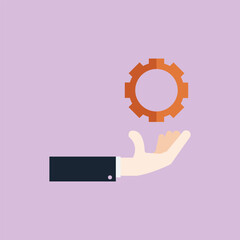 cartoon hand holding big cogwheel. flat simple trend graphic design isolated on background. concept of effective job workflow or production software algorithm or priority action or strategy
