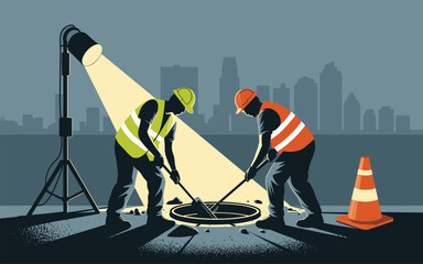 Construction Workers Repairing Manhole at Night in City Landscape