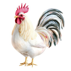 Fototapeta premium Detailed close-up of a colorful rooster with vibrant feathers, comb, and wattle isolated on white background