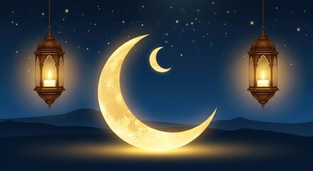 Beautiful Crescent Moon and Lanterns Under Starry Night Sky