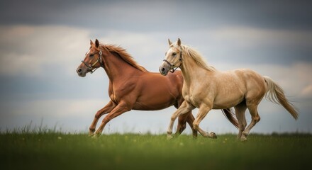 Two Beautiful Horses Galloping Across a Grassy Field Under a Cloudy Sky