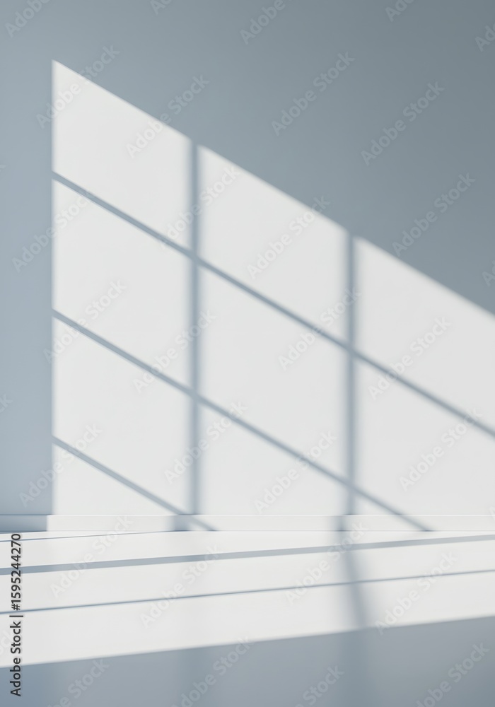 Poster sunlight streams through a large window, casting a diagonal shadow across a minimalist white room.