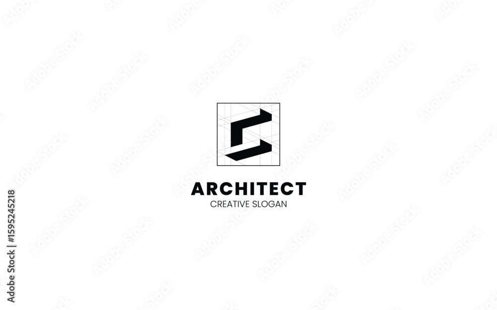 Aufkleber letter c architect logo with isometric bottom left view and technical sketch style