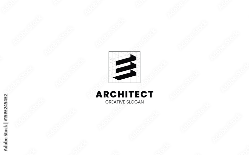 Poster letter e architect logo with isometric bottom left view and technical sketch style
