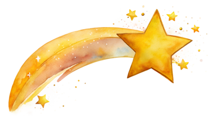 A golden shooting star with a luminous tail and sparkles, isolated on transparent background