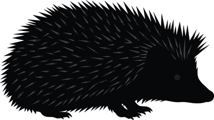 Silhouette of hedgehog with detailed sharp spines, nature illustration, wildlife design, nocturnal animal artwork, black vector graphic style