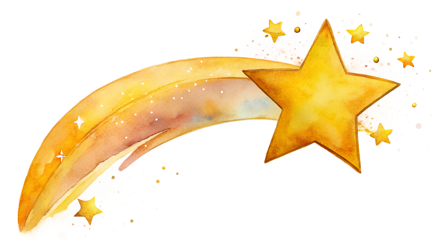 A golden shooting star with a luminous tail and sparkles, isolated on transparent background