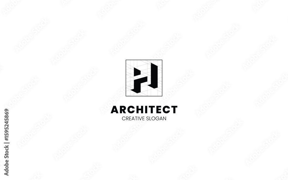 Poster letter h architect logo with isometric bottom left view and technical sketch style