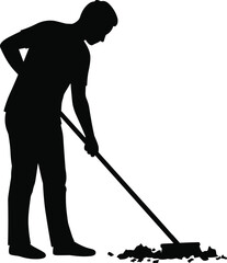 Silhouette of person sweeping with broom, cleaning activity scene, debris removal, sanitation effort, black vector illustration, outdoor maintenance concept