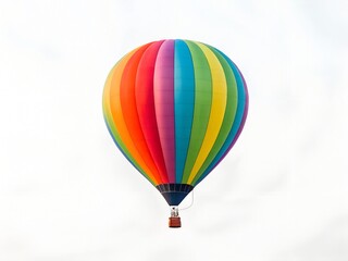 Obraz premium Rainbow Colored Hot Air Balloon in Flight Against White Sky
