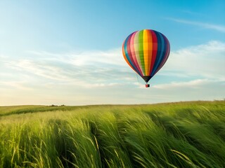 Fototapeta premium Rainbow Hot Air Balloon Soaring Over Lush Green Field Under Blue Sky
