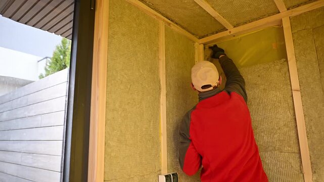 Insulating a New Wall in a Modern Home Construction Project in the Afternoon