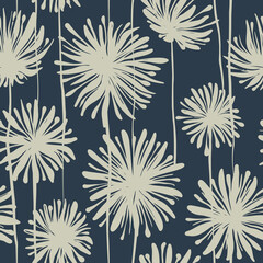 Seamless floral vector vintage retro black and white handmade ink drawing for design elements, decor, textiles, greeting cards, flowers to print on a dark background