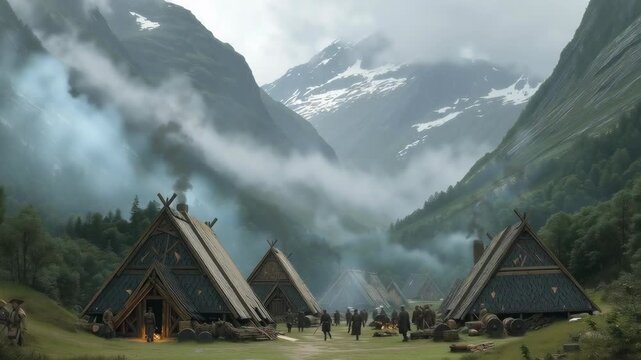 Traditional Viking village nestled in a misty mountain valley, with wooden longhouses, smoke from fires, and people gathered in the clearing.