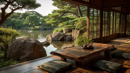 モダンな和の空間から広がる日本庭園と四季の風景が調和した心安らぐ｜自然、緑静けさ、伝統、癒し、心地よい空間