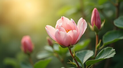 Obraz premium A delicate pink flower and buds blooming in a garden, beautifully backlit by soft, warm sunlight. A romantic and gentle floral scene.