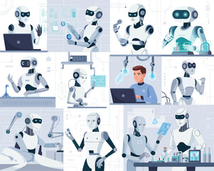 Fototapeta premium Clean Grid Layout of Robots in Medical and Scientific Tasks 