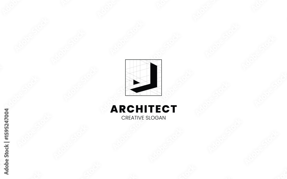 Poster letter j architect logo with isometric bottom left view and technical sketch style