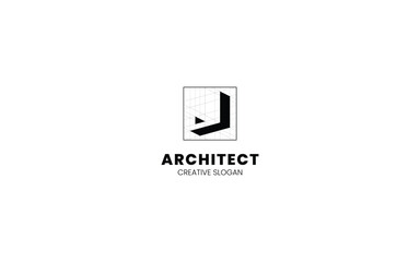 Letter J Architect logo with isometric bottom left view and technical sketch style