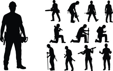 Silhouettes of construction worker in various poses, tool usage scenes, industrial labor actions, handyman figure, black vector design element