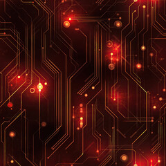 Seamless Macro Texture of Red PCB with Copper Traces and Electronic Components
