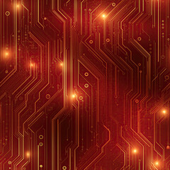 Seamless Macro Texture of Red PCB with Copper Traces and Electronic Components