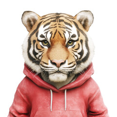 Obraz premium Close-up of a realistic tiger face wea a red hoodie on a white background for wildlife and fashion themes