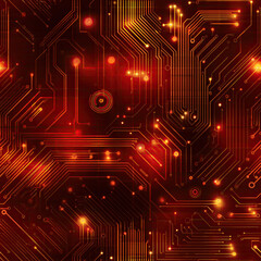 Seamless Macro Texture of Red PCB with Copper Traces and Electronic Components