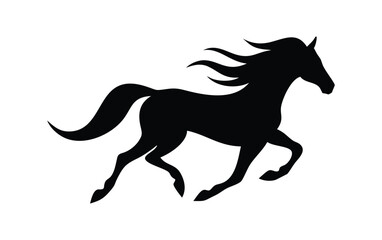 Silhouette of a majestic black horse galloping with flowing mane and tail