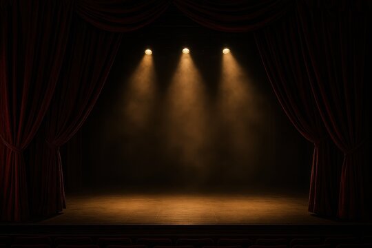 Luxurious red velvet theater curtains opening to reveal spotlit stage