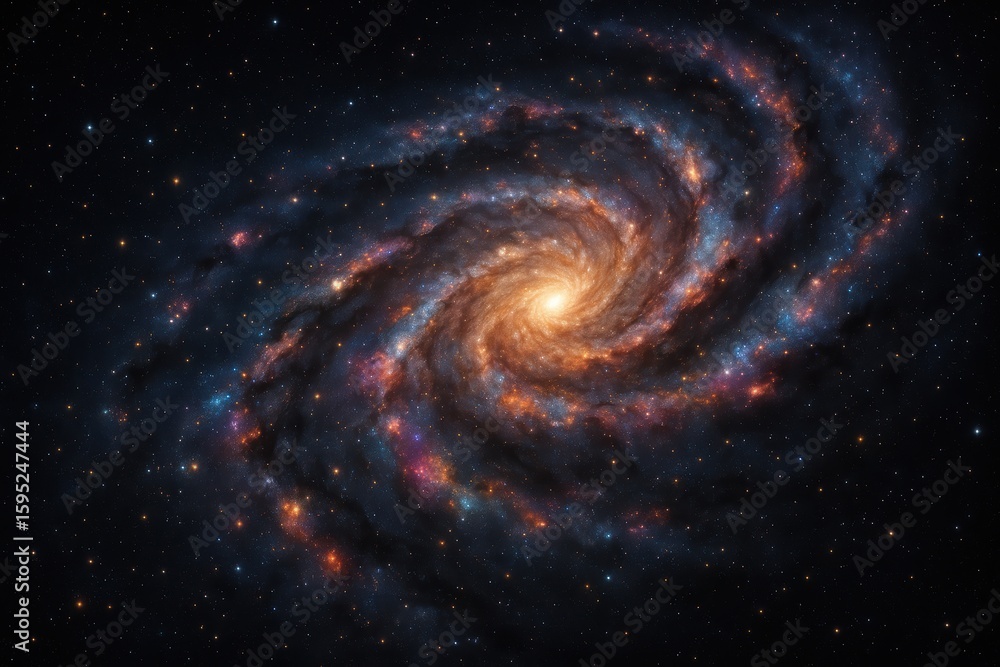 Poster magnificent spiral galaxy with nebula formations and distant stellar objects in deep space