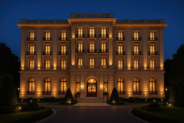 Fototapeta premium Luxury boutique hotel exterior glowing with architectural lighting and manicured gardens