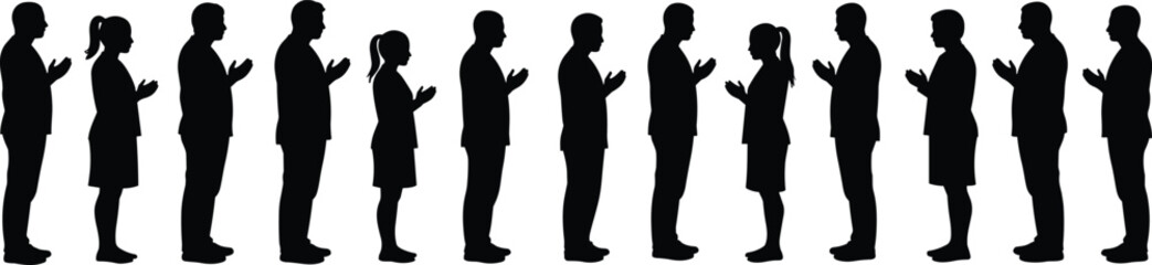 Silhouettes of professionals clapping in line, corporate event applause, business recognition moment, celebration, unity, success, teamwork display